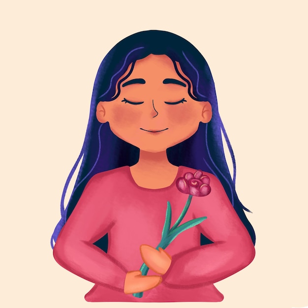 PSD illustration d'une femme aux cheveux raides tenant un bouquet de fleurs