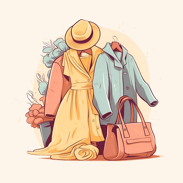 illustration d'une femme dans un chapeau avec un sac et un manteau