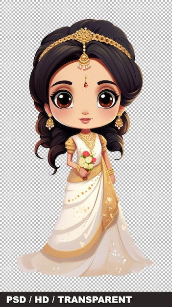 PSD illustration d'une femme indienne vêtue d'un beau sari blanc tenant un bouquet de fleurs
