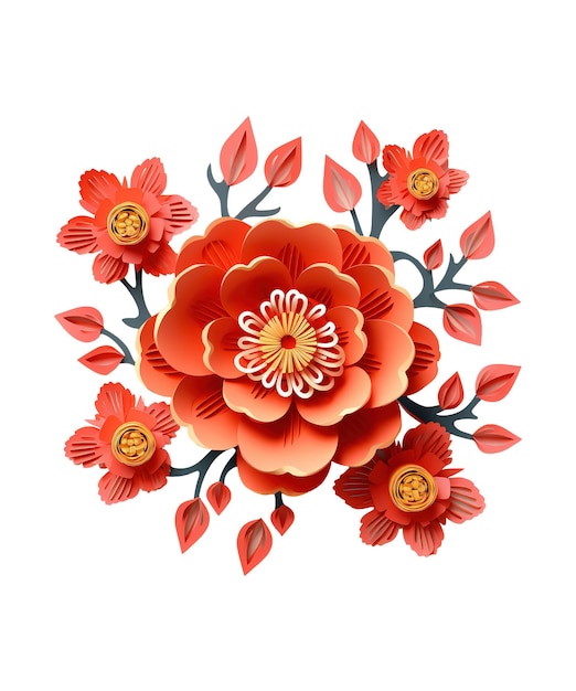 PSD illustration de fleur de papier avec ornement chinois ai généré
