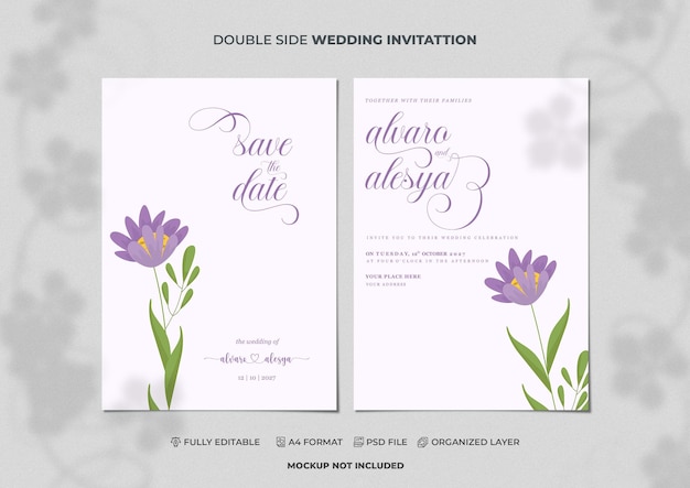PSD illustration de fleurs et de feuilles plates sur un modèle d'invitation de mariage