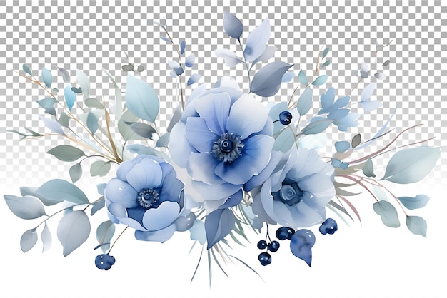 Illustration Florale à L'aquarelle Fleurs Bleues Et Eucalyptus Boquets De Verdure Cadre