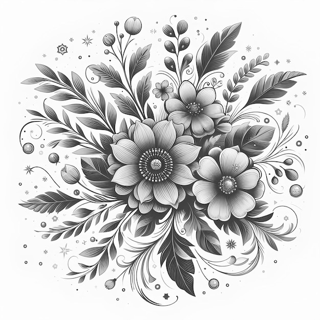 PSD illustration florale à l'échelle de gris