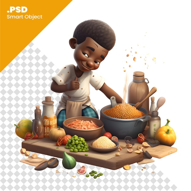 PSD illustration d'un garçon noir cuisinant des pâtes avec des légumes sur un modèle psd à fond blanc