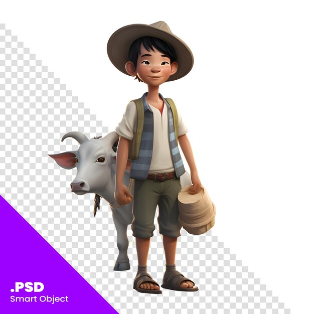 PSD illustration d'un garçon avec une vache sur un modèle psd de fond blanc