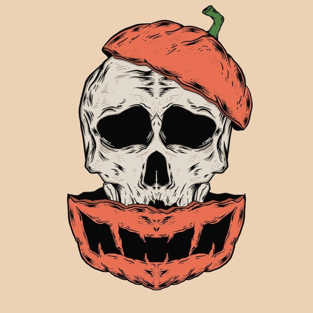 Illustration d'Halloween d'un crâne avec une citrouille fendue