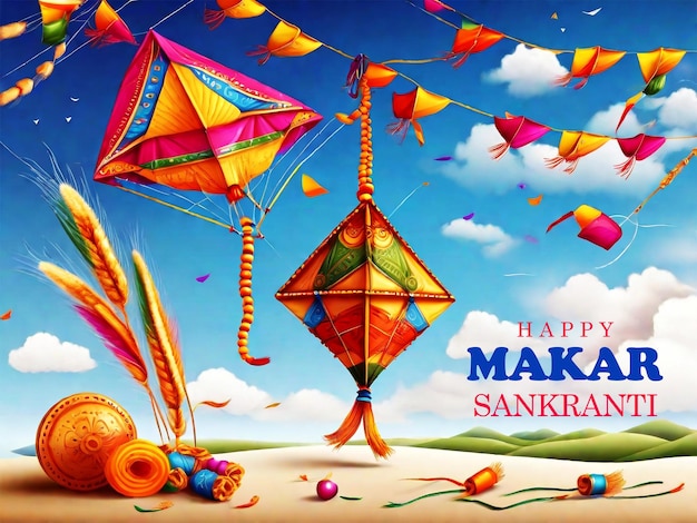 PSD illustration de happy makar sankranti avec des chaînes de cerfs-volants colorées, des bonbons et du fil de blé