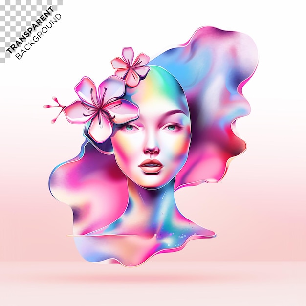 PSD illustration holographique d'une femme avec des fleurs