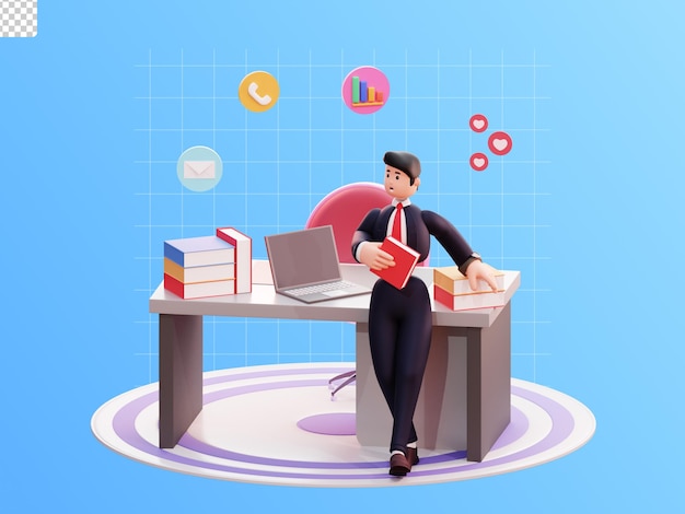 Illustration D'homme D'affaires De Personnage 3d Avec Table De Travail