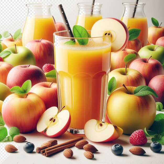 PSD une illustration hyperréaliste de la nutrition des fruits sains, du jus de pomme, du jus d'orange, d'un fond transparent