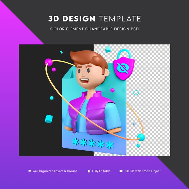 PSD illustration d'icône 3d profil de confidentialité de cybersécurité