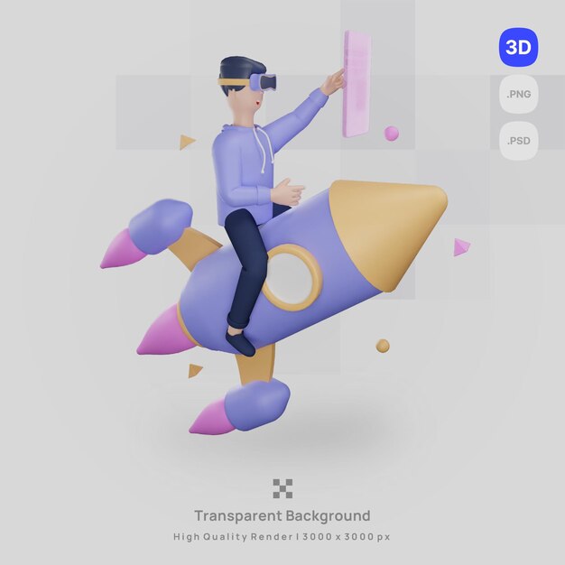 Illustration D'icône 3d Rendre Homme Chevauchant Une Fusée Avec Fond Transparent