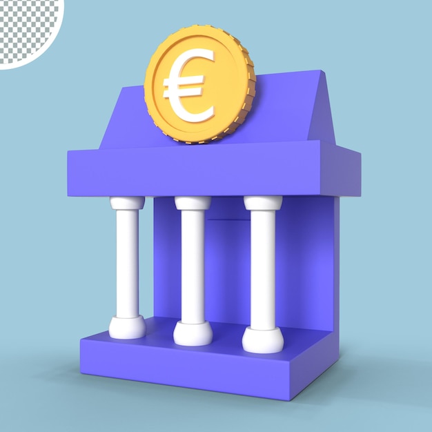 PSD illustration de l'icône de rendu 3d de la pièce en euros du bâtiment de la banque