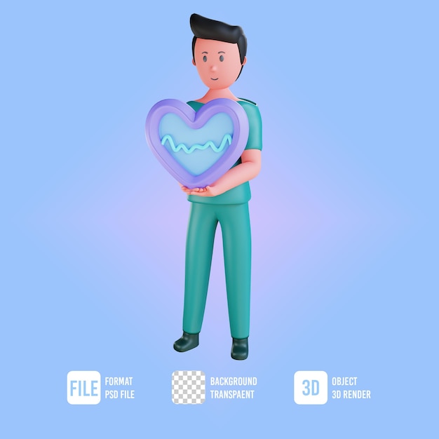 Illustration d'infirmier de personnage 3d avec icône de coeur