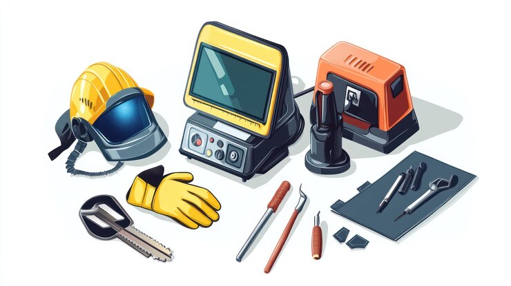 PSD illustration isométrique d'équipements et d'outils de sécurité pour la réparation électronique