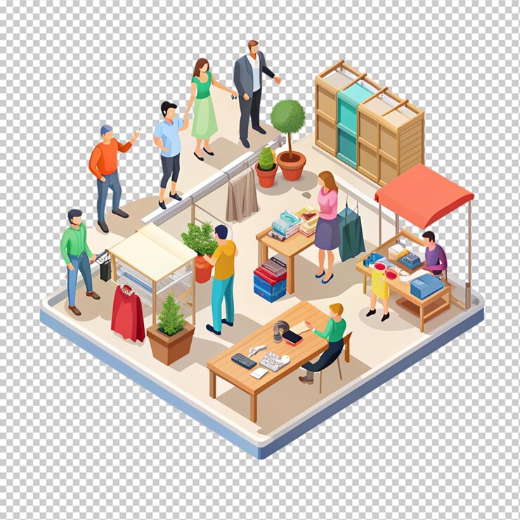 PSD illustration isométrique d'un magasin de vêtements sur un fond transparent