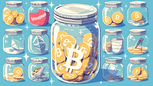 Illustration de jarres remplies de diverses crypto-monnaies, dont le Bitcoin, l'Ethereum, le Litecoin et d'autres
