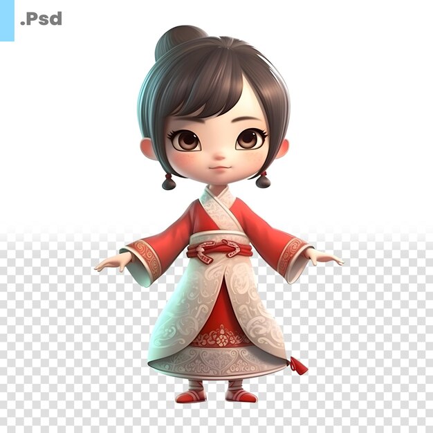 PSD illustration d'une jolie fille japonaise en kimono sur un modèle psd à fond blanc