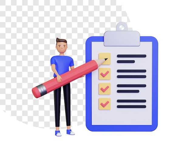 Illustration de la liste de contrôle 3d avec un personnage masculin portant un gros crayon