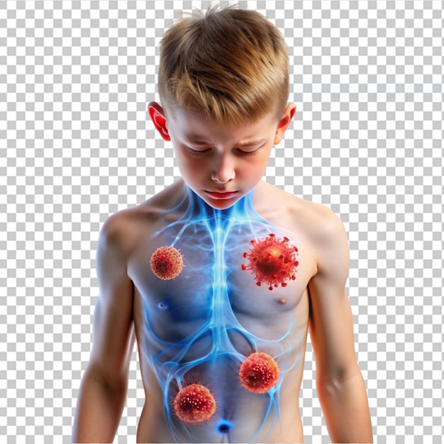 PSD illustration médicale avec une figure masculine et des cellules du virus covid-19
