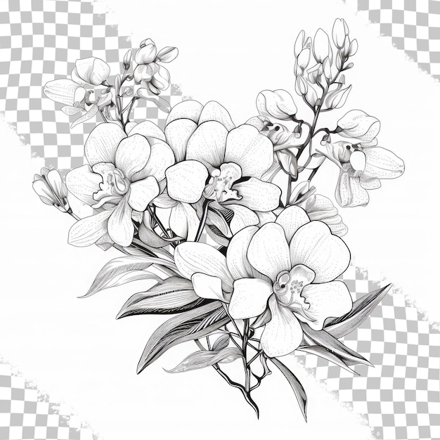 PSD illustration monochrome d'un motif floral asiatique à fond transparent