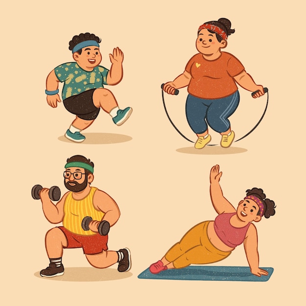 L'illustration montre quatre personnages de dessins animés plus grands s'entraînant énergiquement dans un workou élégant