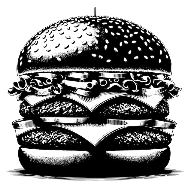 PSD illustration en noir et blanc d'un délicieux cheeseburger grillé