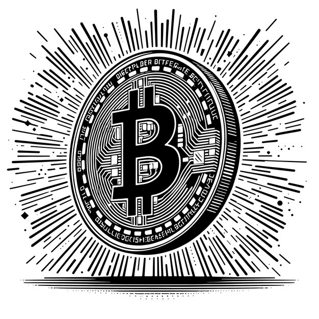 PSD illustration en noir et blanc d'une seule pièce de bitcoin