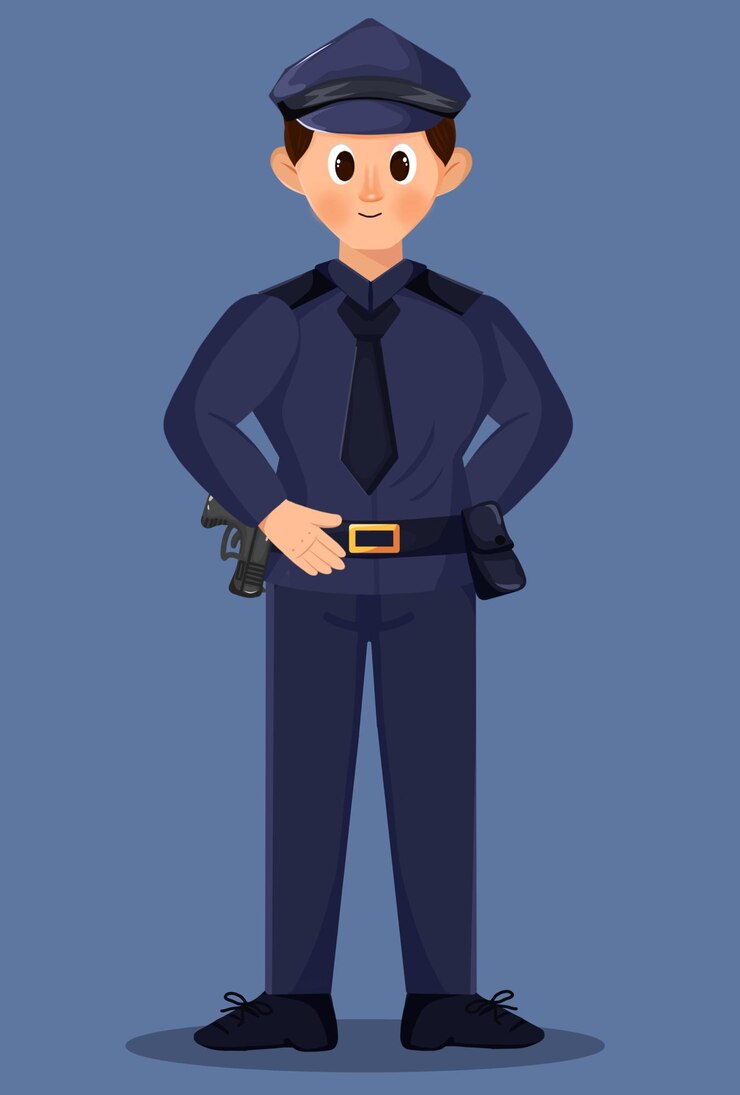 PSD illustration of a smiling police officer in uniform with a gun with cute flat design character style