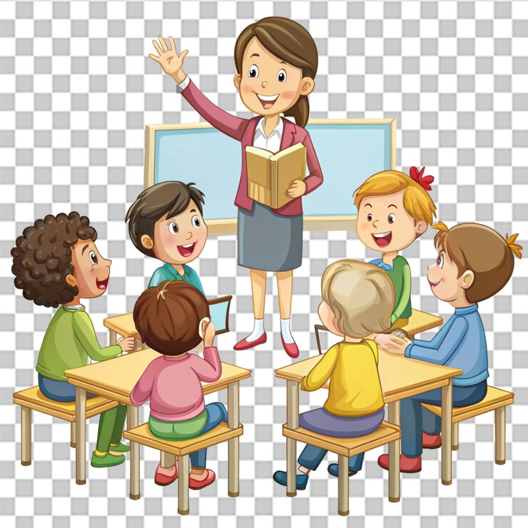 Illustration of a teacher teaching children isolated on white background