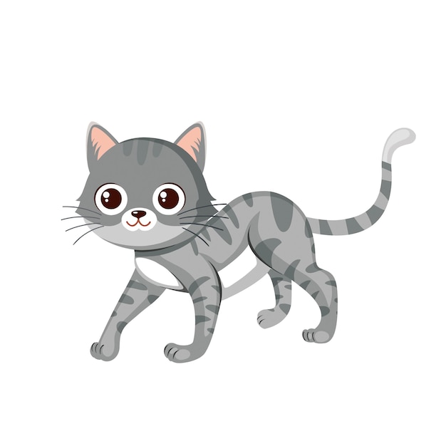 Illustration of walking funny grey stripped cat isolated on white background