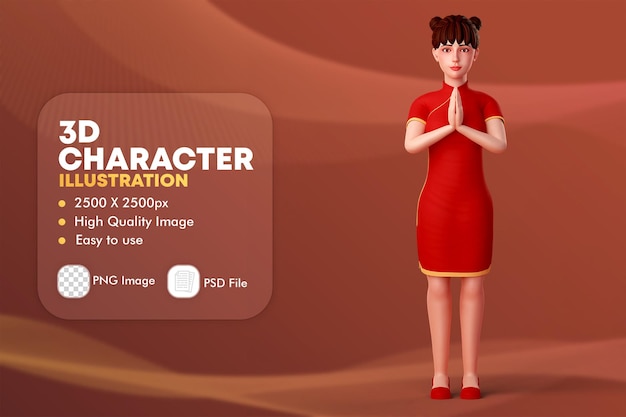 PSD illustration de personnage 3d de jolie femme chinoise, geste de la main namaste