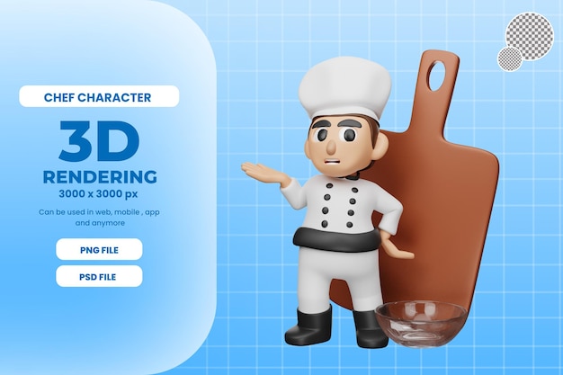 PSD illustration de personnage de chef de rendu 3d avec planche à découper