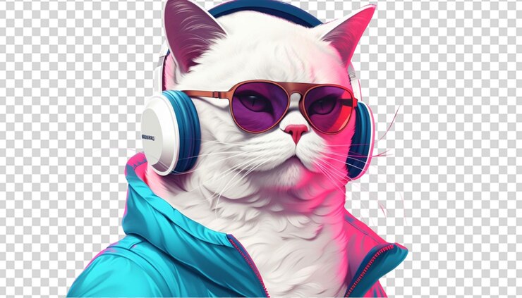 PSD illustration d'un personnage fantastique avec une tête de chat dans des lunettes de soleil et des écouteurs portant une veste blanche écoutant de la musique png transparent