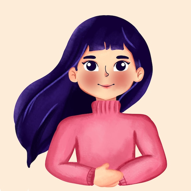 illustration d'un personnage féminin avec une robe aux cheveux longs dans un t-shirt rose à manches longues