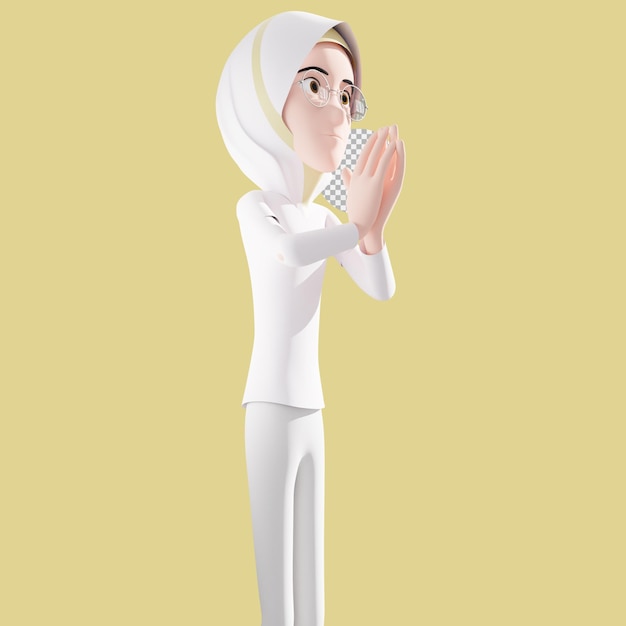 Illustration de personnage d'infirmière portant le hijab 3d debout respectueusement levant la main