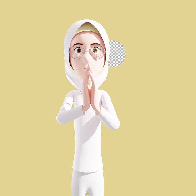 Illustration de personnage d'infirmière portant le hijab 3d debout respectueusement levant les mains