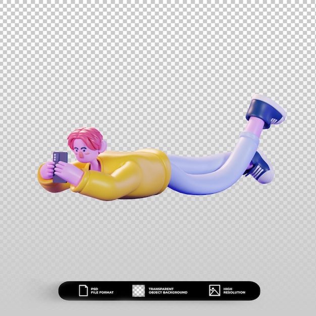 illustration de personnage de rendu 3d faisant défiler la pose de smartphone