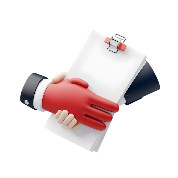 PSD illustration de poignée de main 3d avec gant rouge et concept d'accord d'affaires de paperasserie