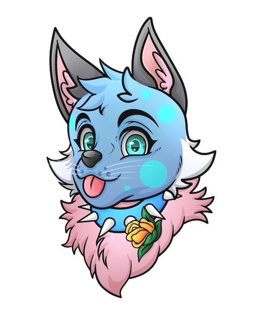 Illustration premium mignon chibi chien bleu à fourrure avec la langue qui sort