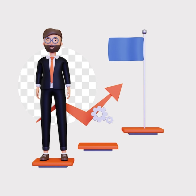 Illustration de progrès 3d avec un personnage d'homme d'affaires et une échelle de succès