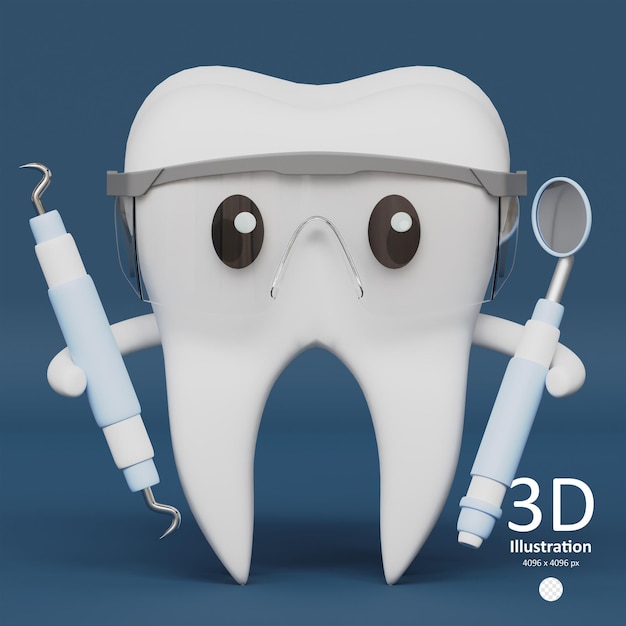 PSD illustration psd 3d d'une mignonne dent blanche dans des lunettes de protection tenant des outils de stomatologie