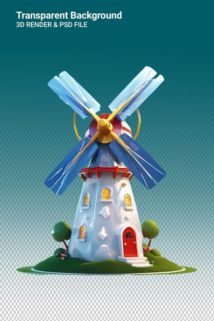 PSD illustration psd 3d d'un moulin à vent isolé sur un fond transparent