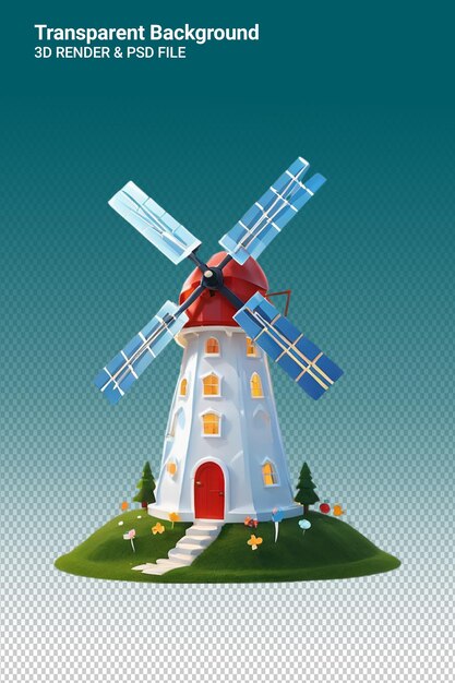 PSD illustration psd 3d d'un moulin à vent isolé sur un fond transparent