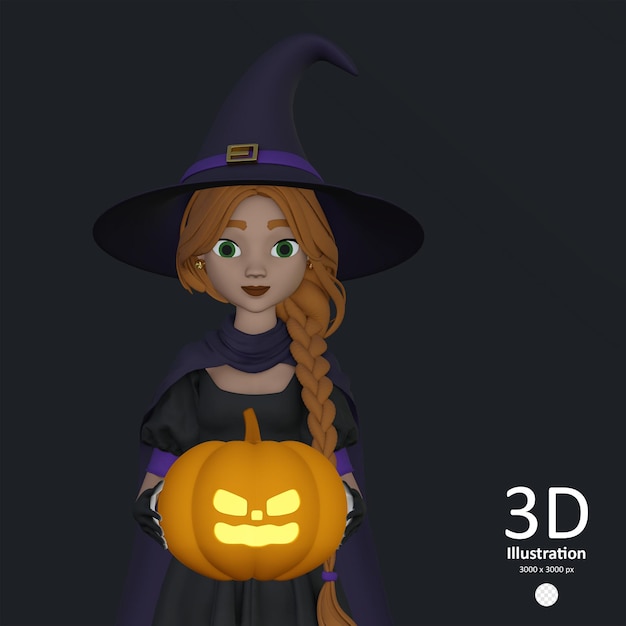 Illustration PSD d'une sorcière en robe noire et chapeau avec une lanterne de citrouille effrayante