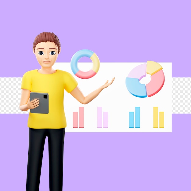 Illustration raster de l'homme analyse les données Un jeune homme en t-shirt jaune tient une tablette dans ses mains et se tient à côté d'un graphique avec des graphiques infographies illustrations de rendu 3D pour les entreprises