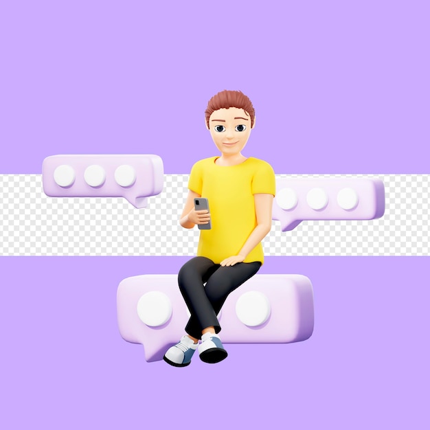 Illustration raster d'un homme assis sur la bulle avec un téléphone Un jeune homme dans un t-shirt jaune a pensé une idée de message discours direct notification de plan cloud illustration de rendu 3d