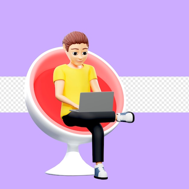 Illustration raster d'un homme assis devant un ordinateur portable Un jeune homme vêtu d'un t-shirt jaune est assis dans un fauteuil à bascule et travaille sur un ordinateur personnel conception de sites Web travail à distance apprentissage à distance illustration de rendu 3D