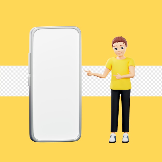 Illustration raster d'un homme debout à côté du téléphone Jeune homme en t-shirt jaune pointe un doigt vers un smartphone géant annonçant un nouvel écran de technologie de modèle de téléphone illustration de rendu 3d