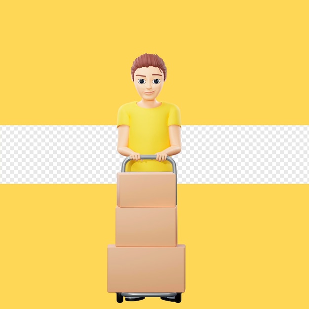 Illustration Raster D'un Homme Portant Une Pile De Boîtes Sur Un Chariot Un Jeune Homme Dans Un T-shirt Jaune Travaille Comme Un Chargeur Livre Des Colis Présentation Livraison Bon De Commande Illustration De Rendu 3d